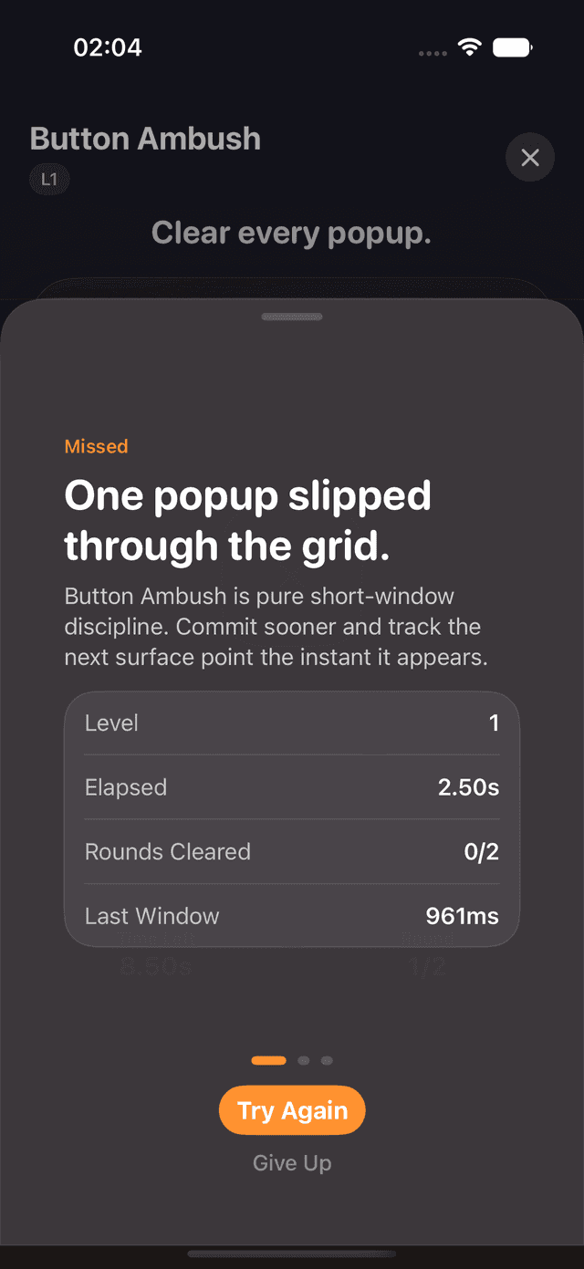 TapCult Button Ambush failure result screen