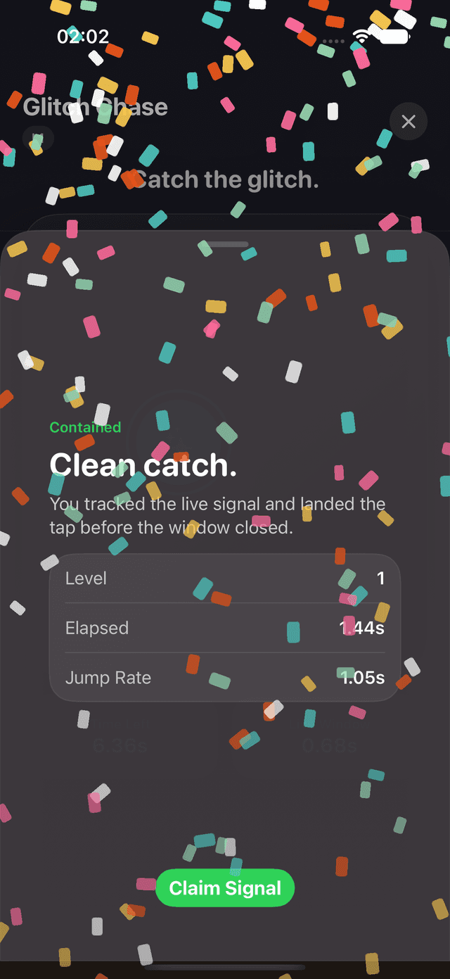 TapCult Glitch Chase success result screen