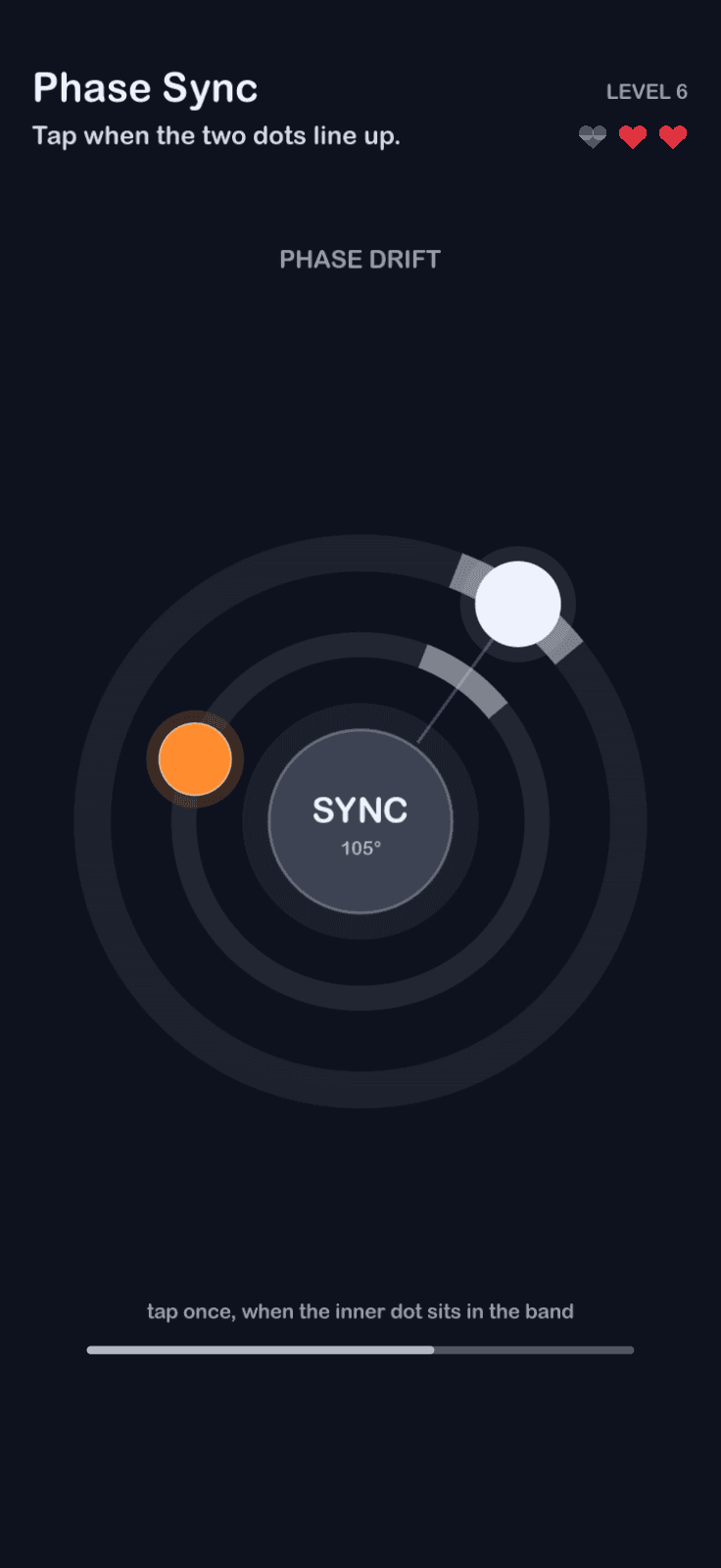 Phase Sync: Tap when the two dots line up.